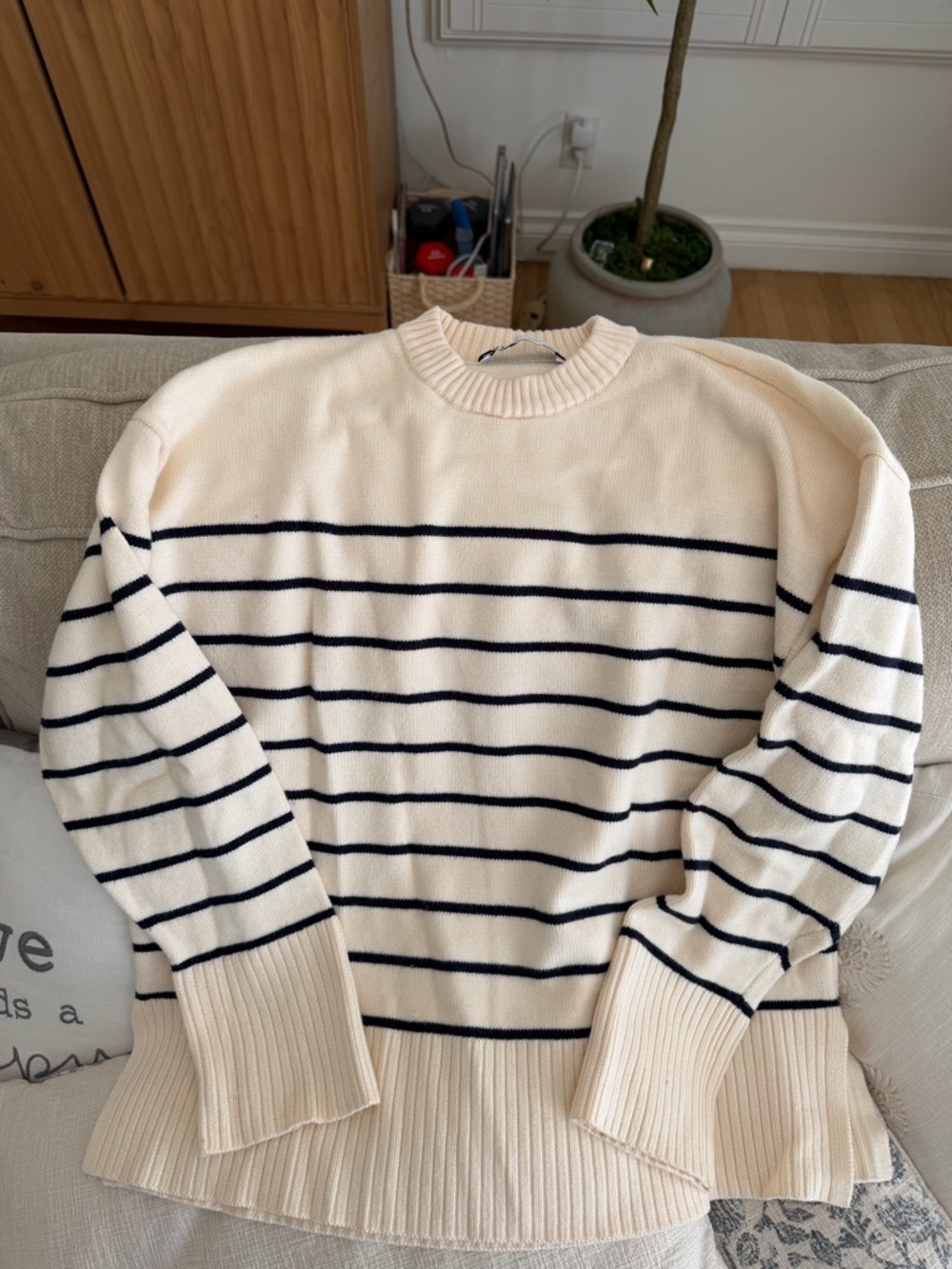 ZARA Cream and Navy Striped Knit Sweater